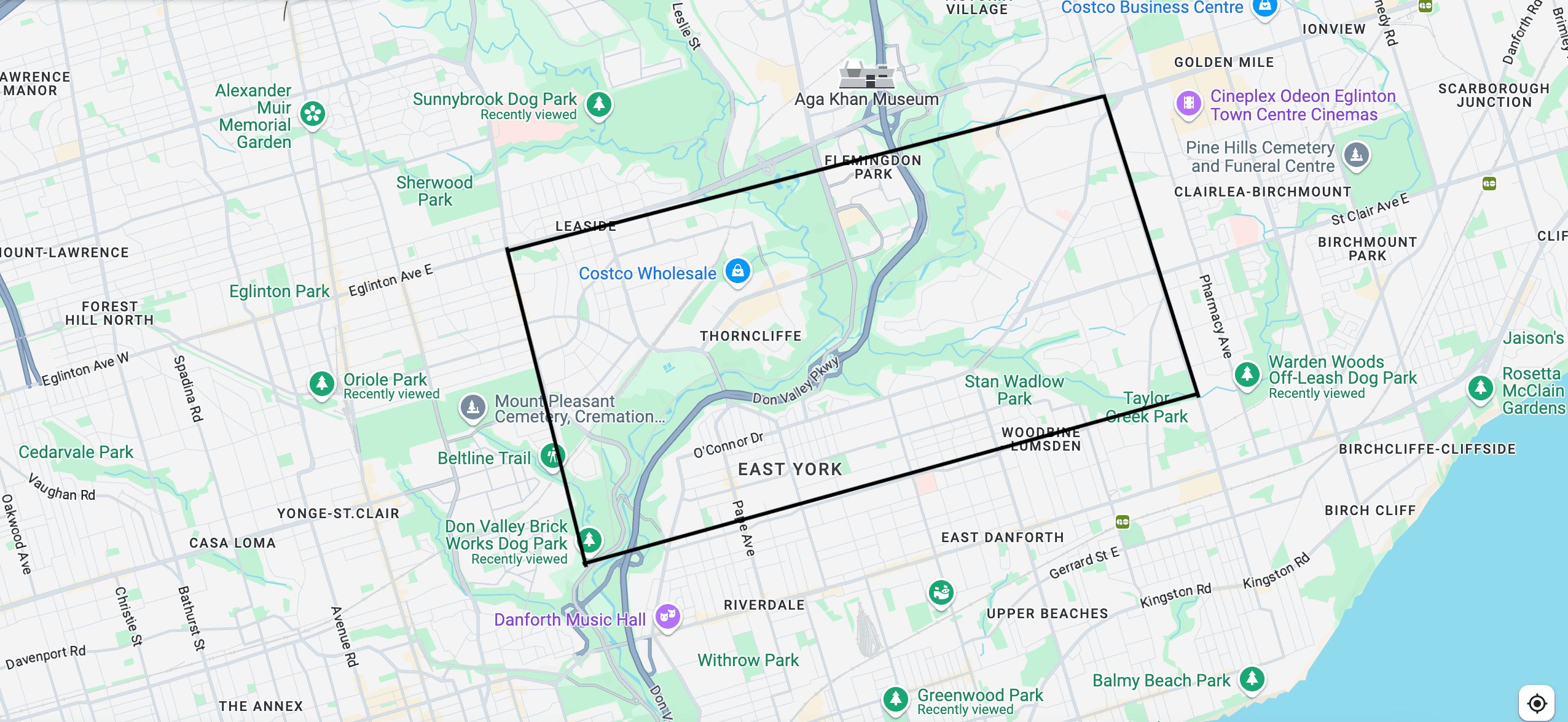 Dog walking service area map — Woodbine Gardens, Clairlea-Birchmount, O'Connor-Parkview in East York, Toronto
